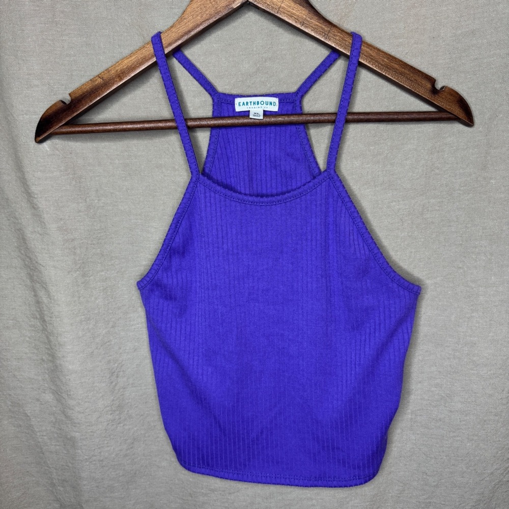 Earthbound Trading Co Purple Ribbed High Neck Halter Tank Top Minimalist XL
